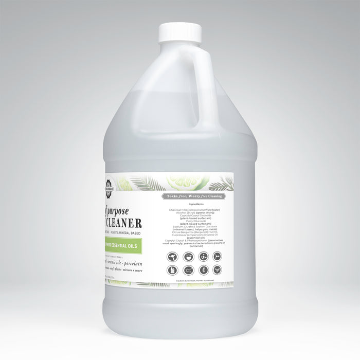 Rustic Strength, Lots of Purpose Spray Cleaner, 1 Gallon, Plastic Jug, Left Side view, Bergamot & Cypress