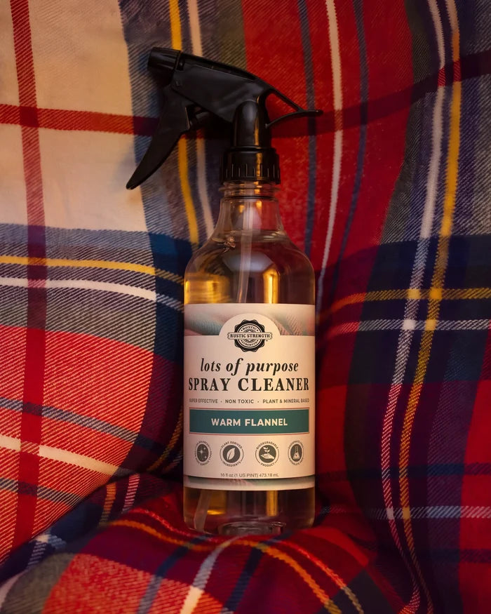 Rustic Strength, Lots of Purpose Spray Cleaner, 16oz Spray Bottle, Warm Flannel on a red-dominant plaid fabric background