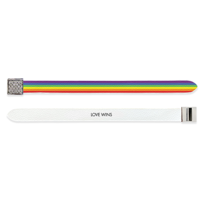 Outside Design of the V2 Imperial Love Wins: vegan leather material with printed on rainbow design overlaying and a silver buckle clasp. And Inside Design of the V2 Imperial Love Wins: vegan leather material with printed on a white background with black text ‘Love Wins’ and silver buckle clasp