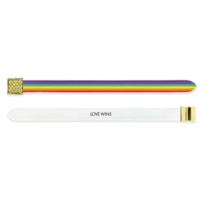 Outside Design of the V2 Imperial Love Wins: vegan leather material with printed on rainbow design overlaying and a gold buckle clasp. And Inside Design of the V2 Imperial Love Wins: vegan leather material with printed on a white background with black text ‘Love Wins’ and gold buckle clasp