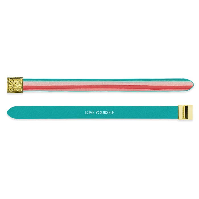 Outside Design of the V2 Imperial Love Yourself: vegan leather material with printed on teal and pink striped watercolor design overlaying and a gold buckle clasp. And Inside Design of the V2 Imperial Love Yourself: vegan leather material with printed on a teal background with white text ‘Love Yourself’ and gold buckle clasp