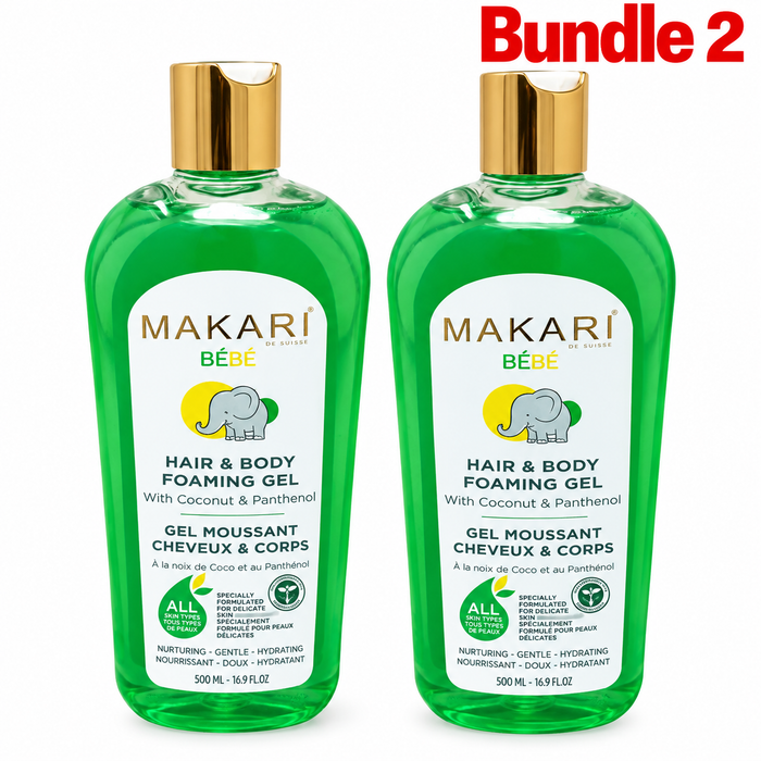 Makari Baby Hair & Body Foaming Gel in branded packaging, a gentle foaming cleanser designed for delicate baby skin and hair, leaving them feeling soft, fresh, and clean.