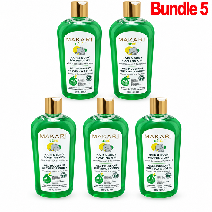 Makari Baby Hair & Body Foaming Gel in branded packaging, a gentle foaming cleanser designed for delicate baby skin and hair, leaving them feeling soft, fresh, and clean.
