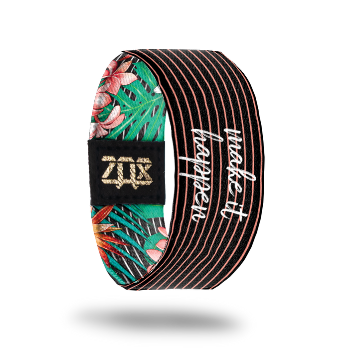 Inside design of Make It Happen. Black background with thin pink lines running across the design. Centered is Make It Happen in thin white text