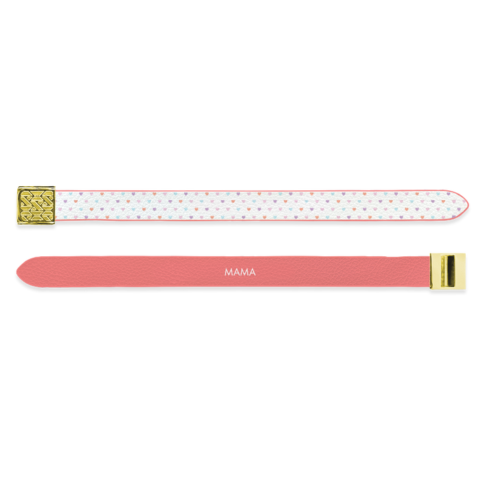 Outside Design of the V2 Imperial Mama: vegan leather material with printed on white background and small pink, purple, orange and blue heart design overlaying and a gold buckle clasp. And Inside Design of the V2 Imperial Love Yourself: vegan leather material with printed on a coral background with white text ‘Mama’ and gold buckle clasp