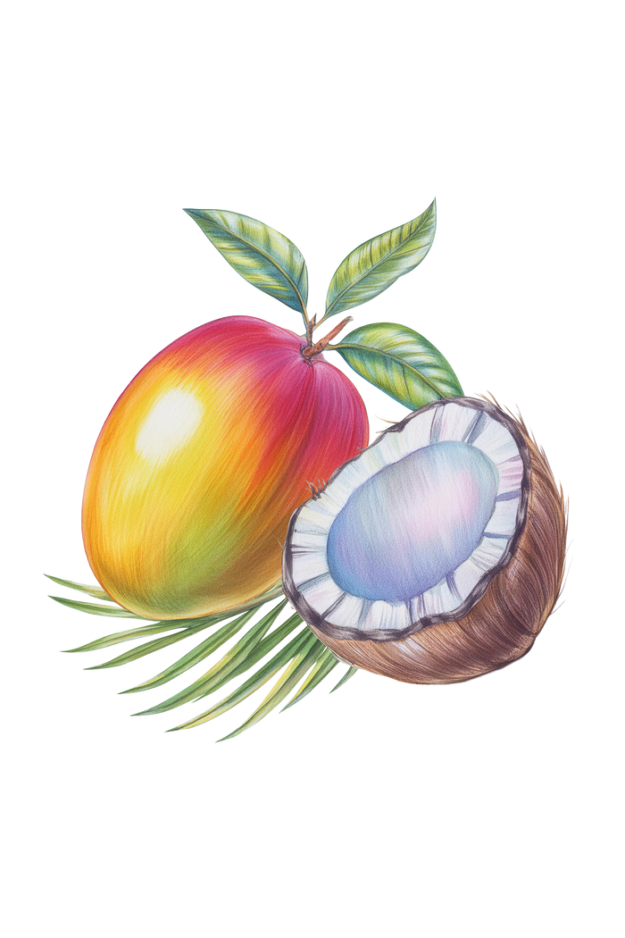 Rustic Strength - botanical image of a ripe mango and an open half of coconut representing Mango Coconut scent