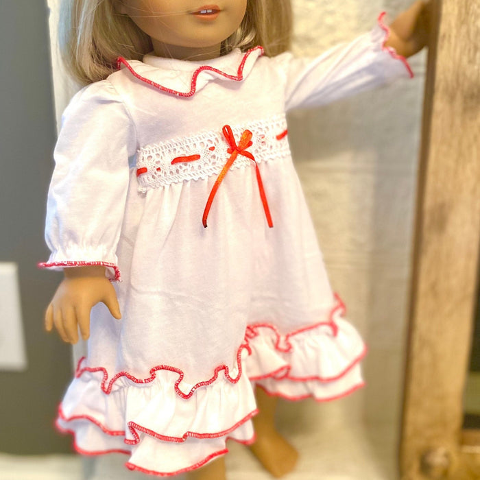 Matching Christmas Nutcracker doll nightgown in white with red ribbon - Fits American Girl doll