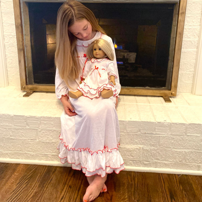 Matching Christmas Nutcracker doll nightgown in white with red ribbon - Fits American Girl doll