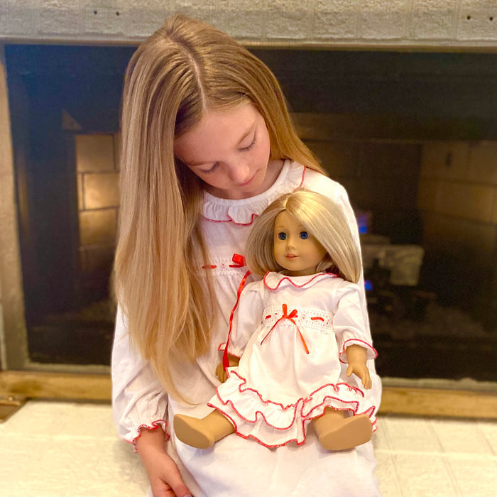 Matching Christmas Nutcracker doll nightgown in white with red ribbon - Fits American Girl doll