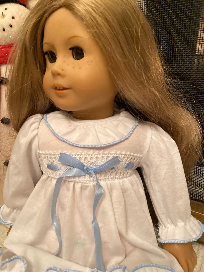 Matching Nutcracker doll nightgown with blue ribbon - Fits American Girl doll