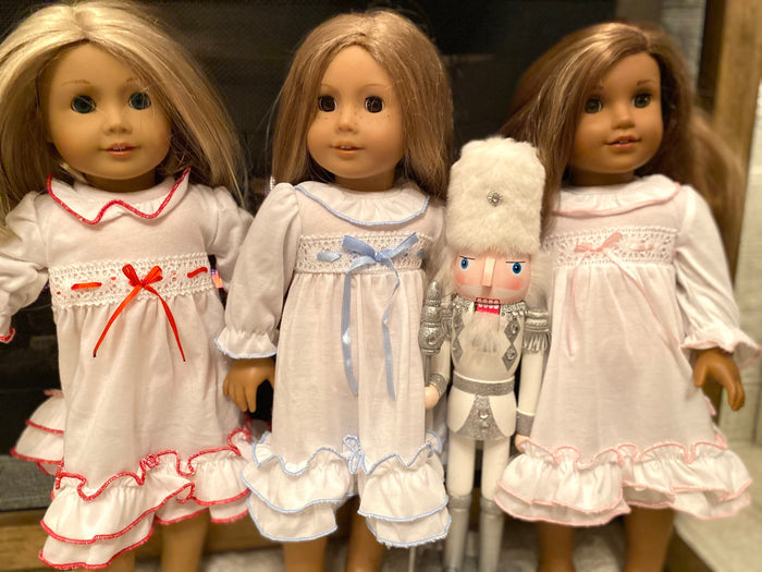 Matching Nutcracker doll nightgown with blue ribbon - Fits American Girl doll