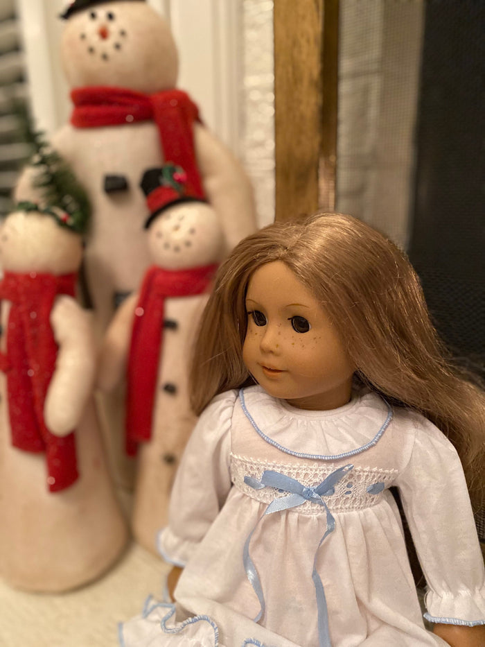 Matching Nutcracker doll nightgown with blue ribbon - Fits American Girl doll