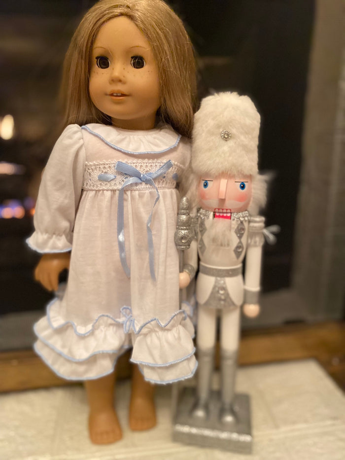 Matching Nutcracker doll nightgown with blue ribbon - Fits American Girl doll