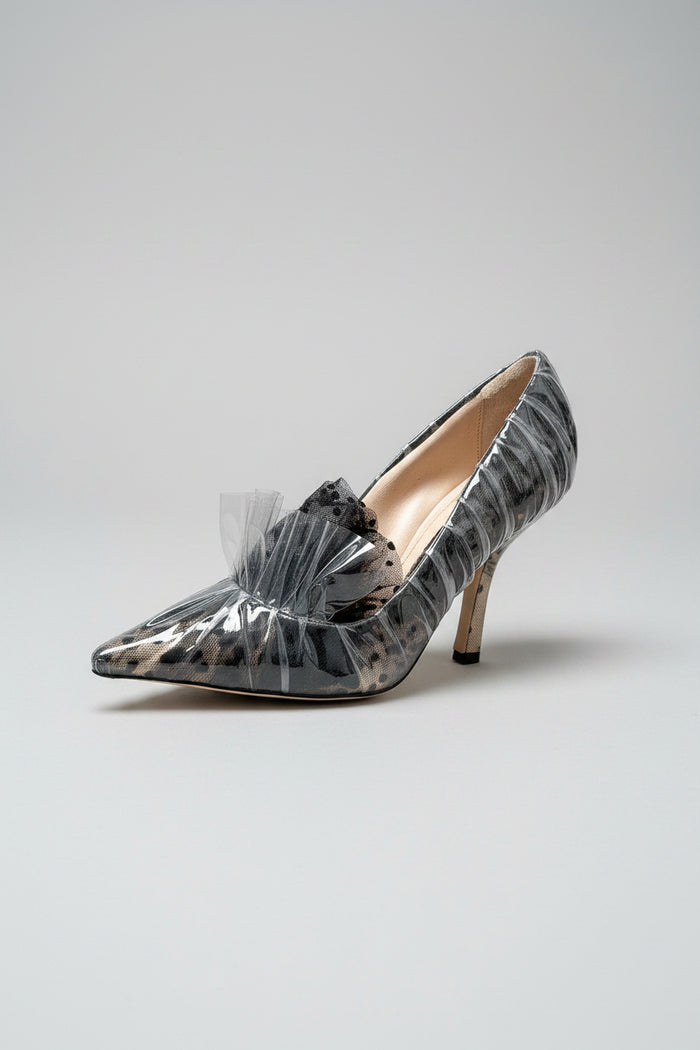 MIDNIGHT 00 Black Polka Dot Lace Detail Plastic Ruch Wrapped PVC High Heels - House Of Huntington