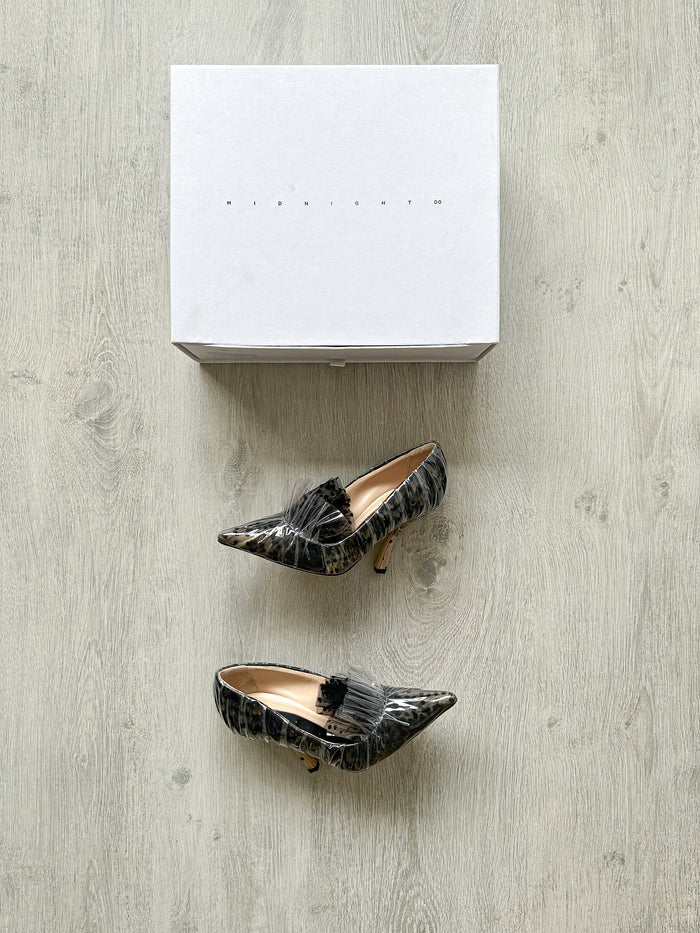 MIDNIGHT 00 Black Polka Dot Lace Detail Plastic Ruch Wrapped PVC High Heels - House Of Huntington