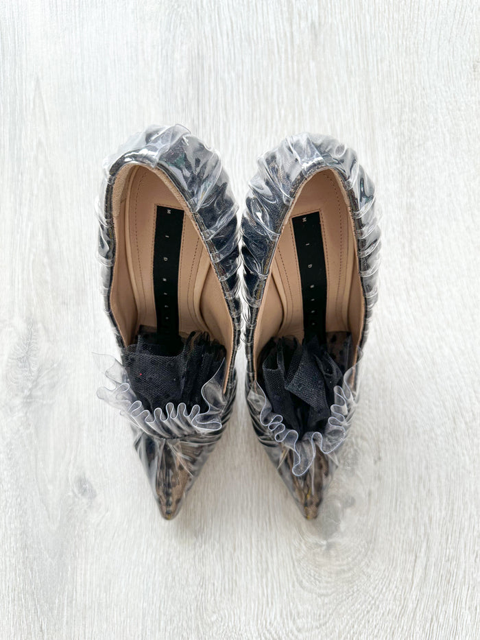 MIDNIGHT 00 Black Polka Dot Lace Detail Plastic Ruch Wrapped PVC High Heels - House Of Huntington