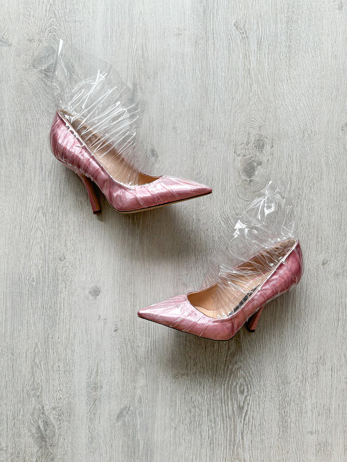 MIDNIGHT 00 Light Pink Ruched PVC Plastic Detail High Heels - House Of Huntington