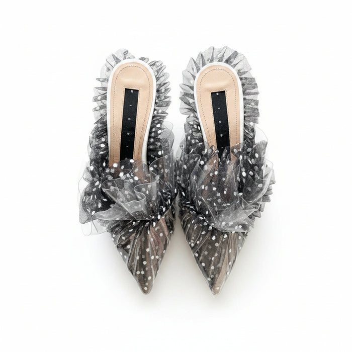 MIDNIGHT 00 Polka Dot Black White Frilly Lace Kitten Heels Mules - House Of Huntington