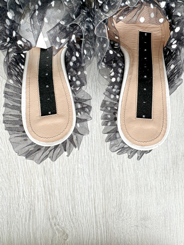 MIDNIGHT 00 Polka Dot Black White Frilly Lace Kitten Heels Mules - House Of Huntington