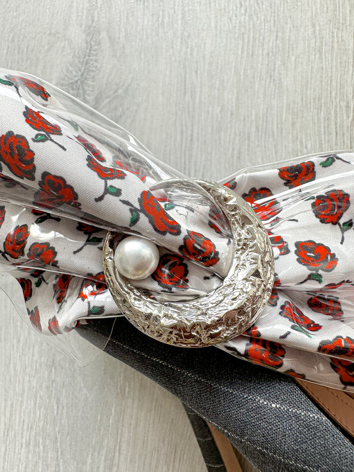 MIDNIGHT 00 Rose Print PVC Plastic Bow Pinstripe Cloth Rockabilly Crescent Brooch High Heels - House Of Huntington