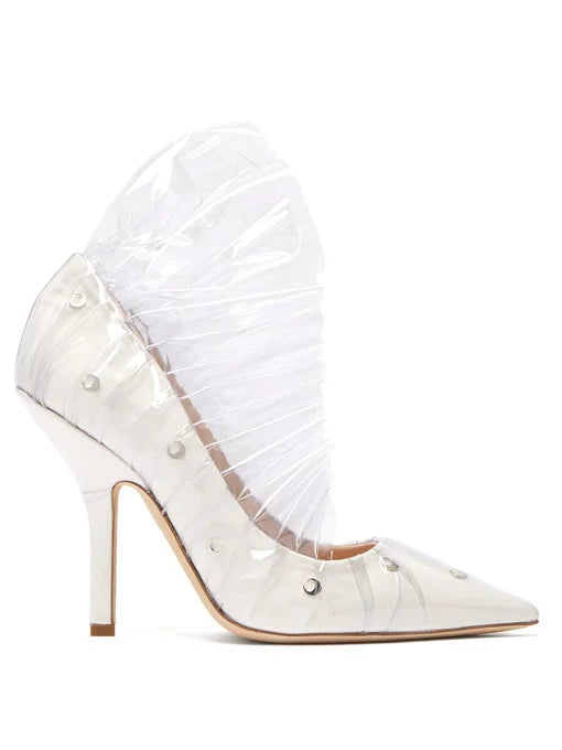 MIDNIGHT 00 Shell Crescent White Leather PVC Ruffle Pumps