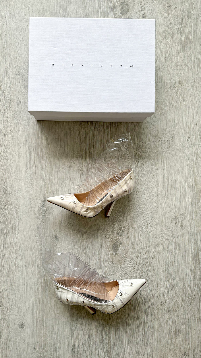 MIDNIGHT 00 White Plastic Ruched Crescent Moon Studded High Heels - House Of Huntington