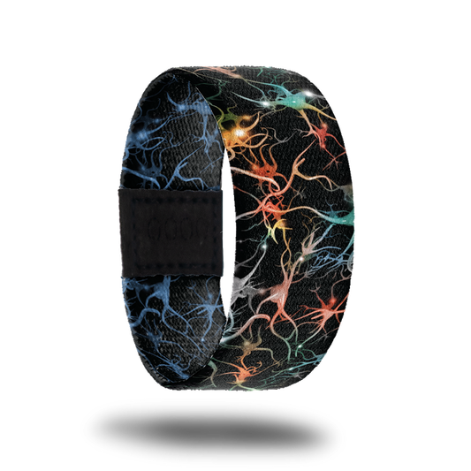 Outside design of Mindset Is Everything. Black background with neon blue, orange, and yellow synapses across the design. The synapses are unique shapes that have thin and thick wavy lines attached to them