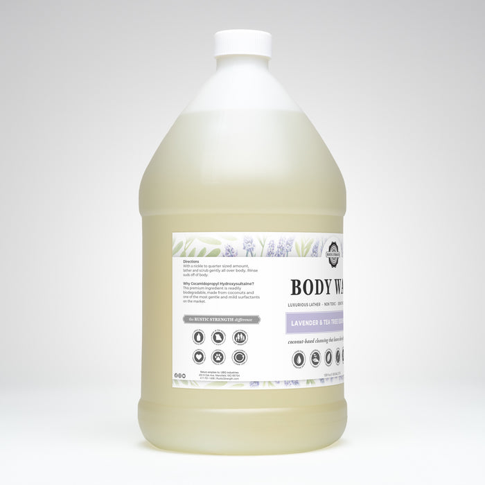 Rustic Strength, Body Wash, 128oz Plastic, Lavender & Tea Tree, Side View Left