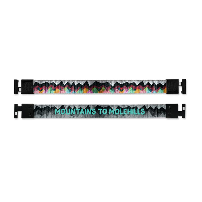 Shows outside and inside design for Mountains To Molehills imperial with black aglet clasps. Top is the outside design, of a painted colorful mountain range over a grey wood texture. Bottom is the inside design, a black and grey depiction of the outside with Mountains To Molehills in light blue text