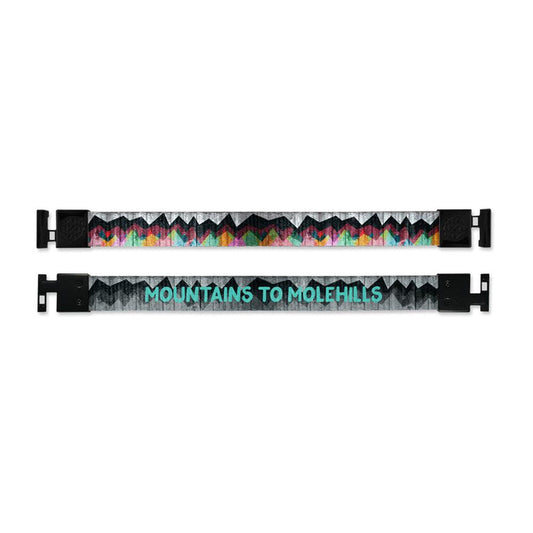 Shows outside and inside design for Mountains To Molehills imperial with black aglet clasps. Top is the outside design, of a painted colorful mountain range over a grey wood texture. Bottom is the inside design, a black and grey depiction of the outside with Mountains To Molehills in light blue text