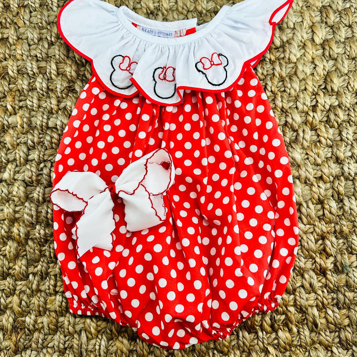 Mouse Ears Embroidered Bubble Romper - Red polka dot