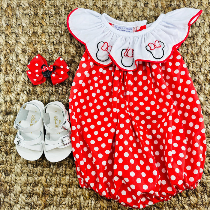 Mouse Ears Embroidered Bubble Romper - Red polka dot
