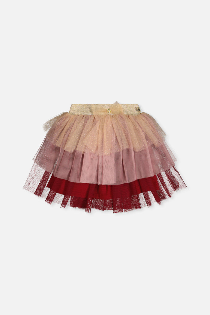 Deux par Deux girls' red, pink and beige glittering tiered mesh skirt, front view