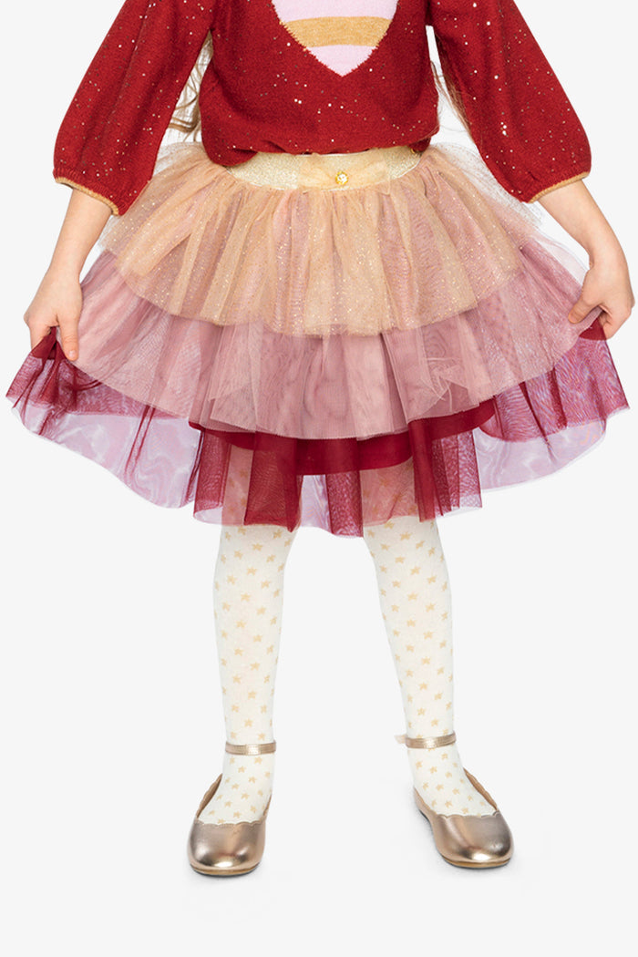 Lookbook: child wearing the Deux par Deux glittering mesh holiday skirt