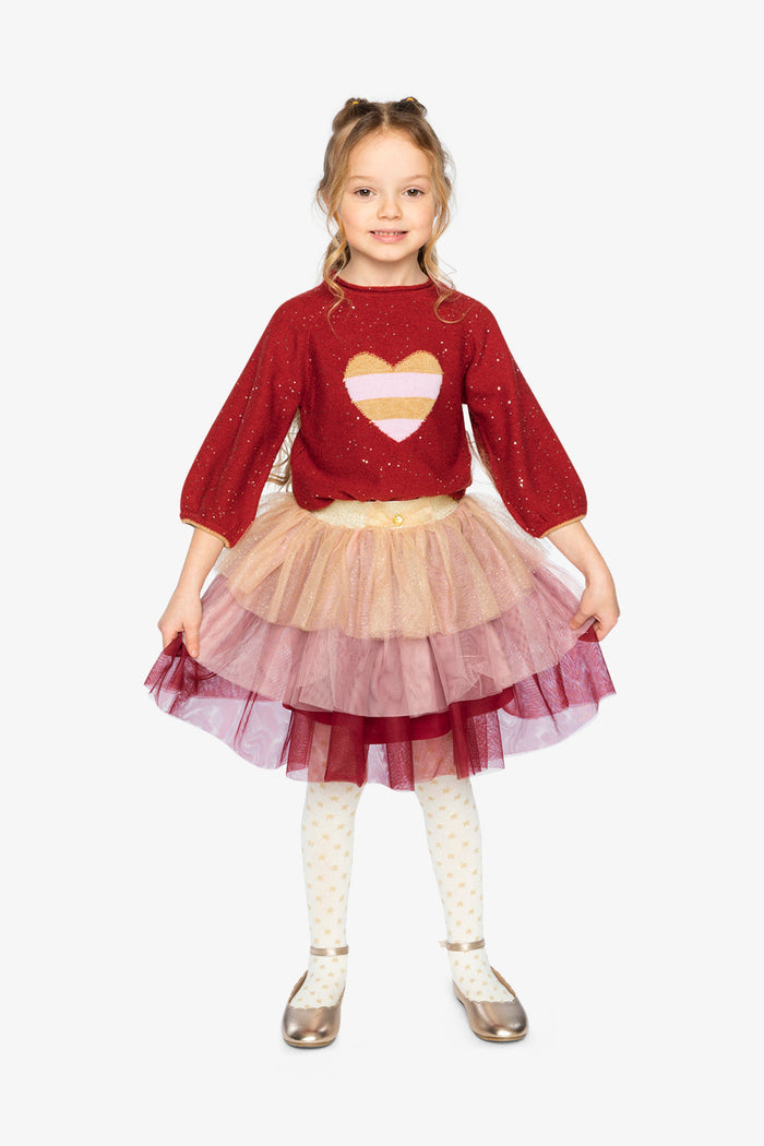 Deux par Deux girls' red, pink and beige glittering mesh skirt, full view