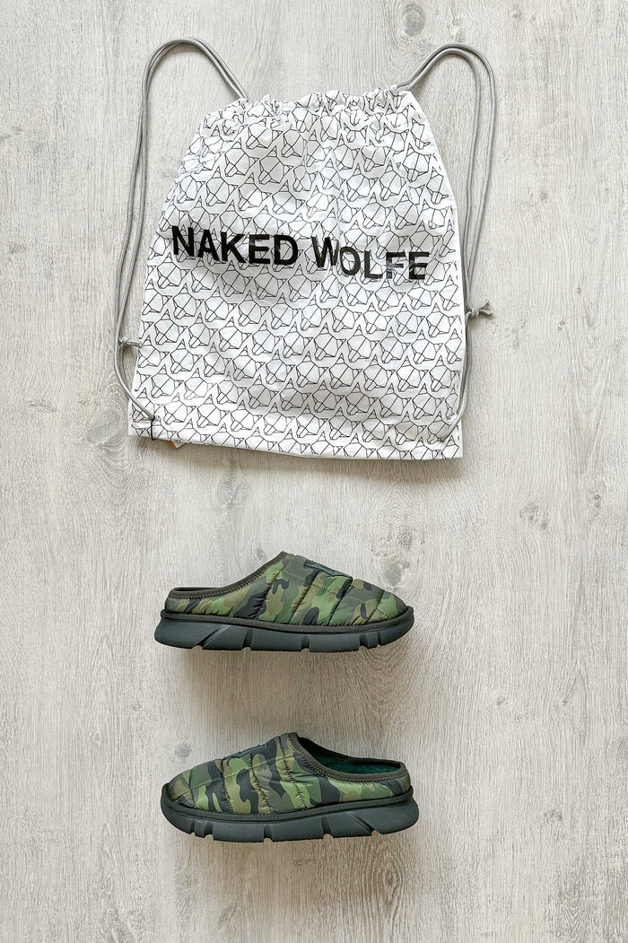 NAKED WOLFE Montana Green Army Camp Padded Wolf Embossed Sandals Slide - House Of Huntington