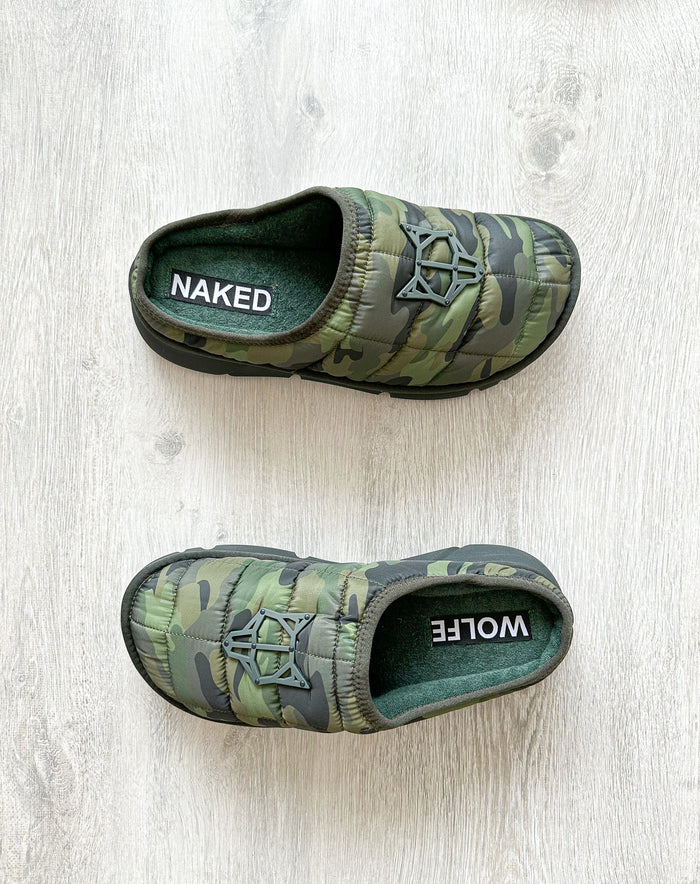 NAKED WOLFE Montana Green Army Camp Padded Wolf Embossed Sandals Slide - House Of Huntington