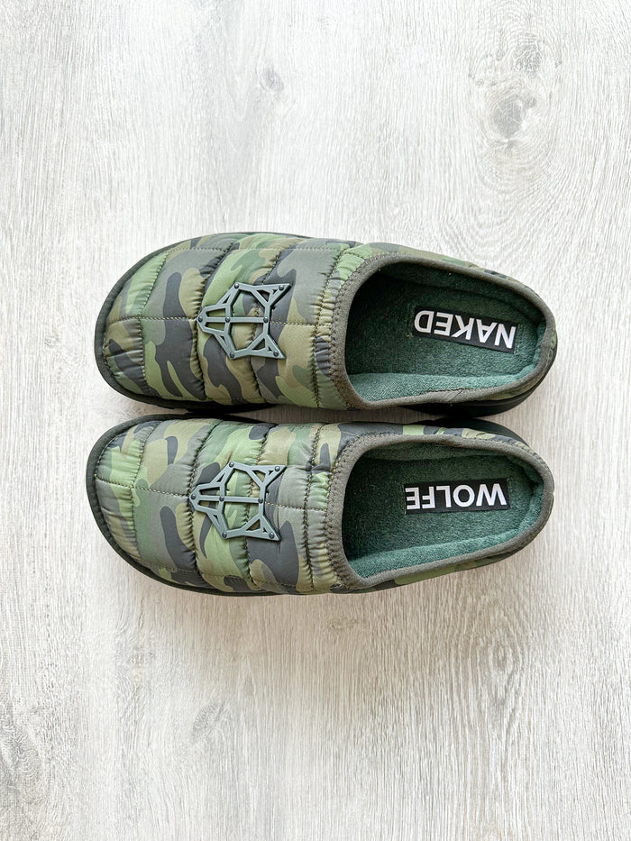 NAKED WOLFE Montana Green Army Camp Padded Wolf Embossed Sandals Slide - House Of Huntington