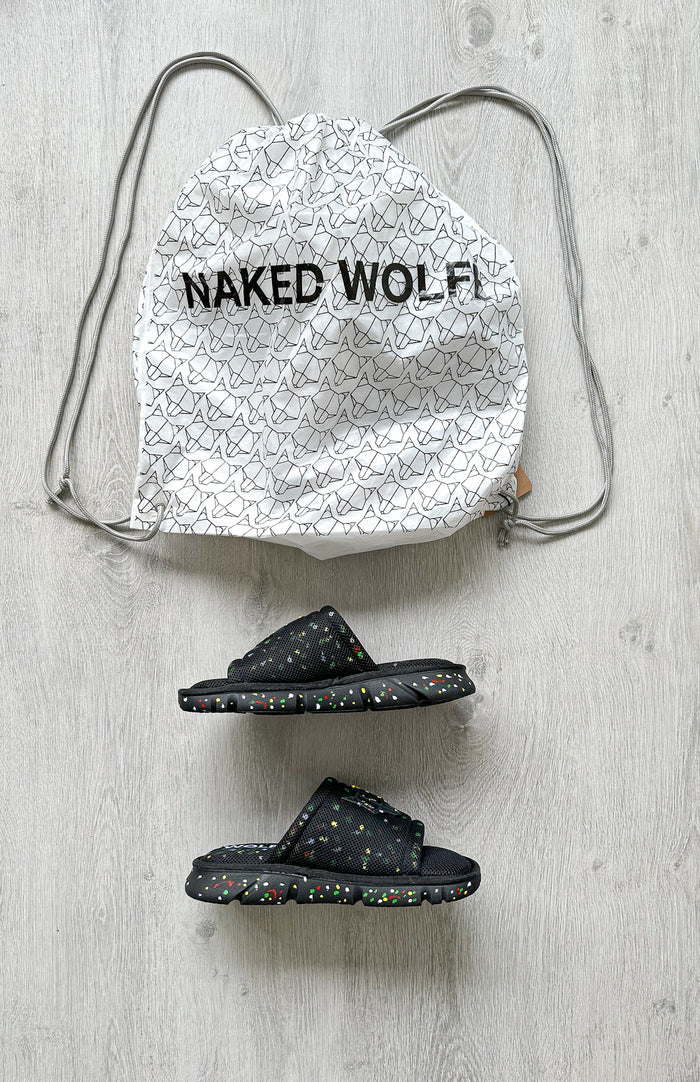 NAKED WOLFE Black Wolfe Embossed Graffiti Army Mesh Sandals Slide - House Of Huntington