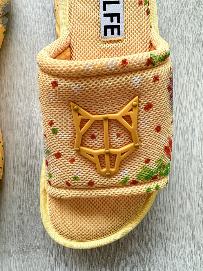 NAKED WOLFE Vegas Logo Embossed Yellow Mesh Sandals Slide - House Of Huntington