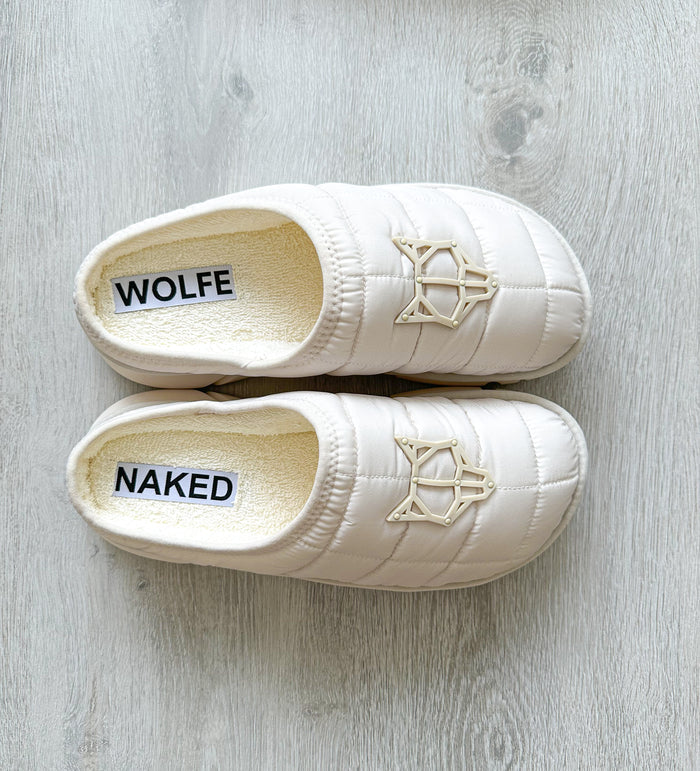 NAKED WOLFE White Nylon Padded Wolf Embossed Sandals Slides - House Of Huntington