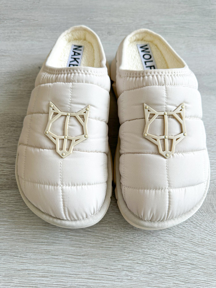 NAKED WOLFE White Nylon Padded Wolf Embossed Sandals Slides - House Of Huntington