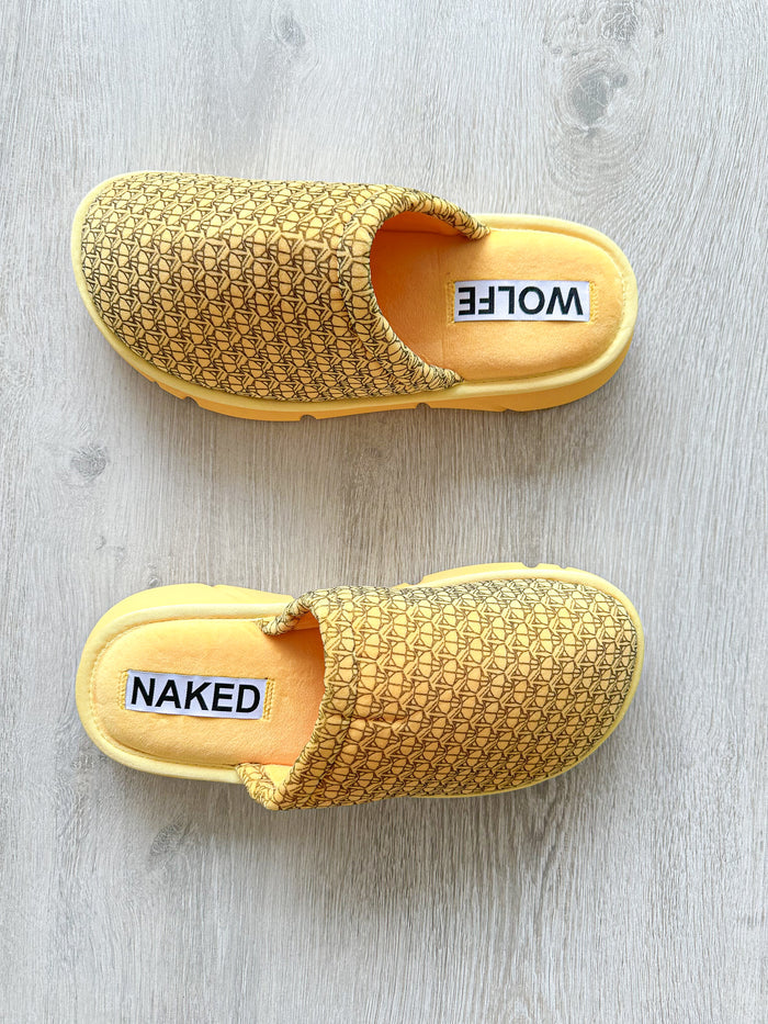 NAKED WOLFE Yellow Wolf Logo Print Velvet Sandals Slides - House Of Huntington