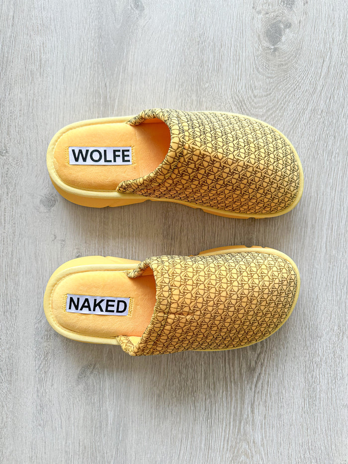 NAKED WOLFE Yellow Wolf Logo Print Velvet Sandals Slides - House Of Huntington