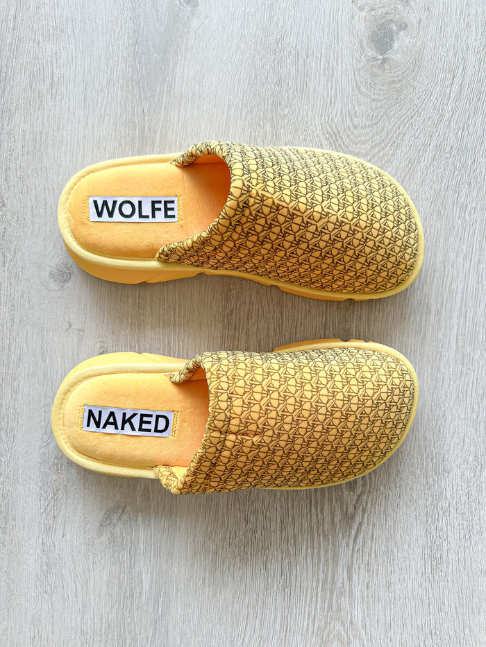 NAKED WOLFE Yellow Wolf Logo Print Velvet Sandals Slides - House Of Huntington
