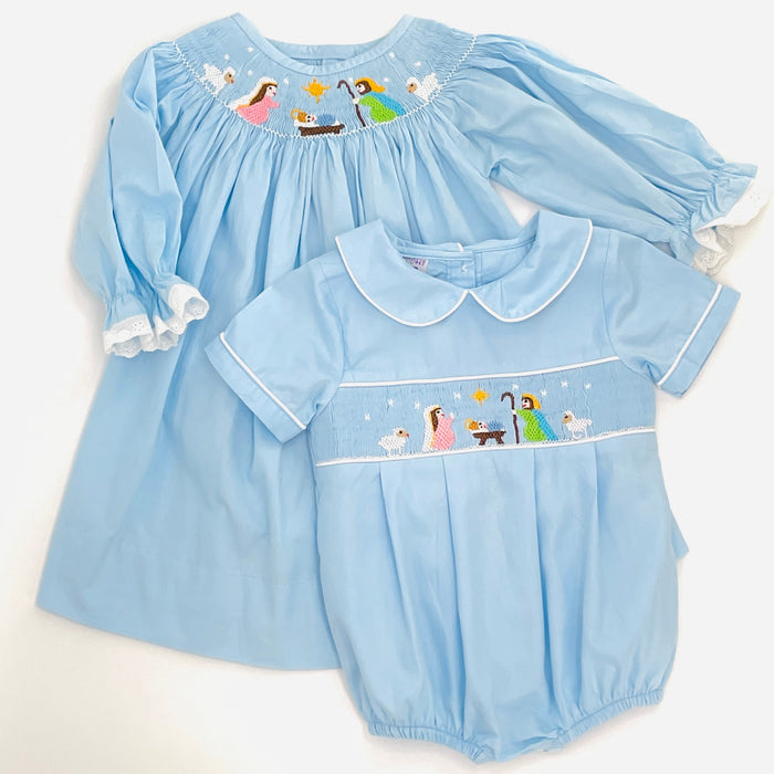 Nativity Smocked Boys Bubble in Light Blue