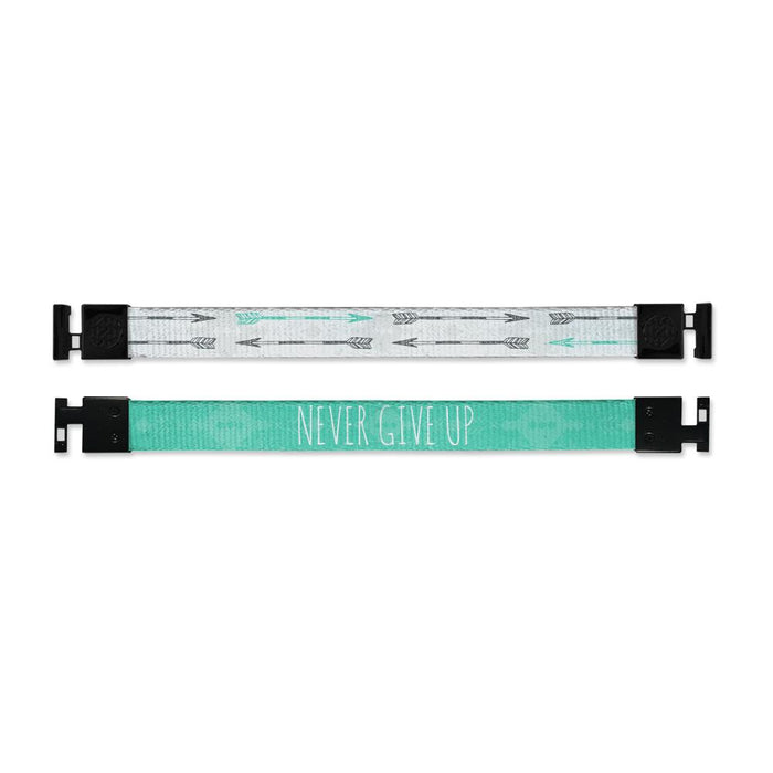 Shows outside and inside design for Never Give Up imperial with black aglet clasps. Top is the outside design with a grey background, black and teal-green illustrated arrows. Bottom is the inside design, a teal-green background with Never Give Up in white text.