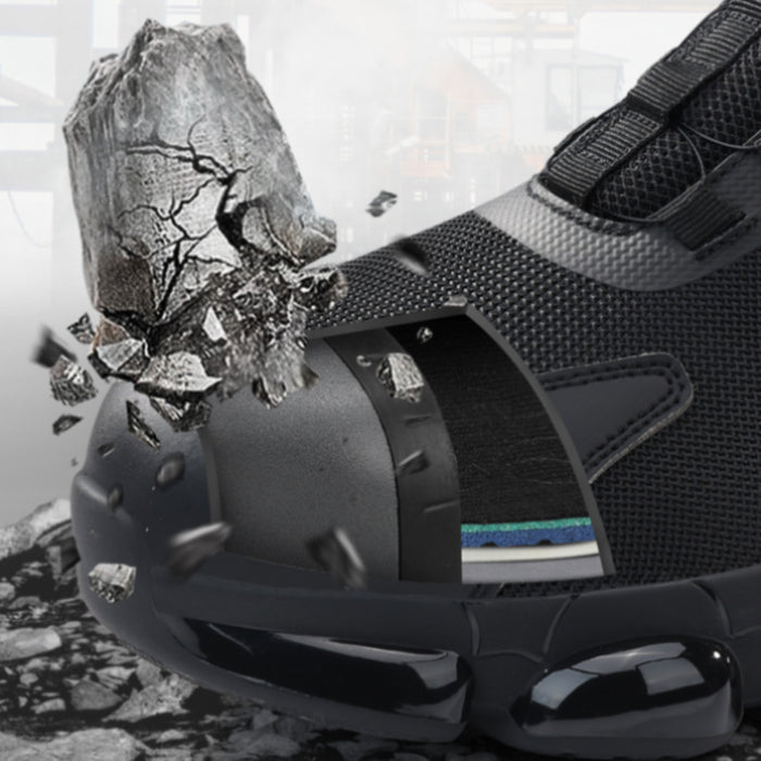 Extreme close-up of rotary buckle safety sneakers demonstrating 200J impact resistance with a reinforced steel toe cap against falling debris