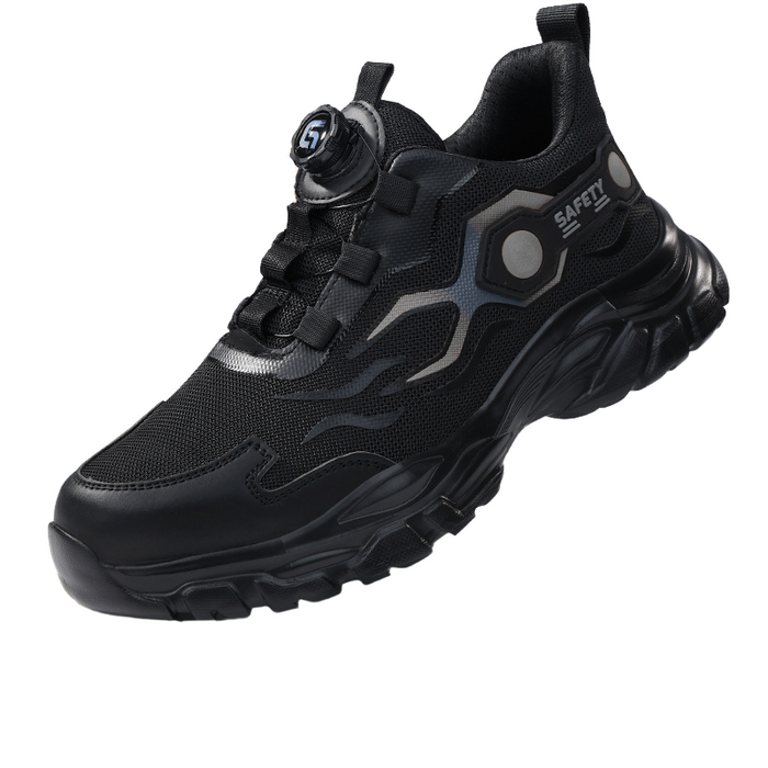 Safety work sneakers with rotary buckle system featuring high-visibility reflective strips for enhanced safety during night shifts.