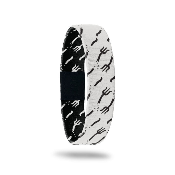 Outside Design of Not Today Satan: white background with black pitchfork pattern